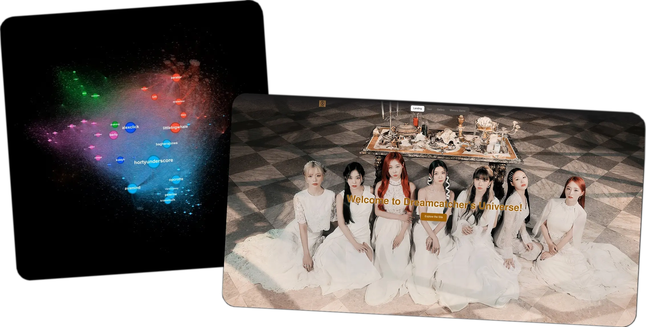 View of two website interfaces with modern and dark design. The first screen shows the title 'Behind the Code' with a rocket and dark background, explaining the origin of a community software project. The second screen presents a platform for finding speakers, with an attractive design, expert photos, and a prominent search button.